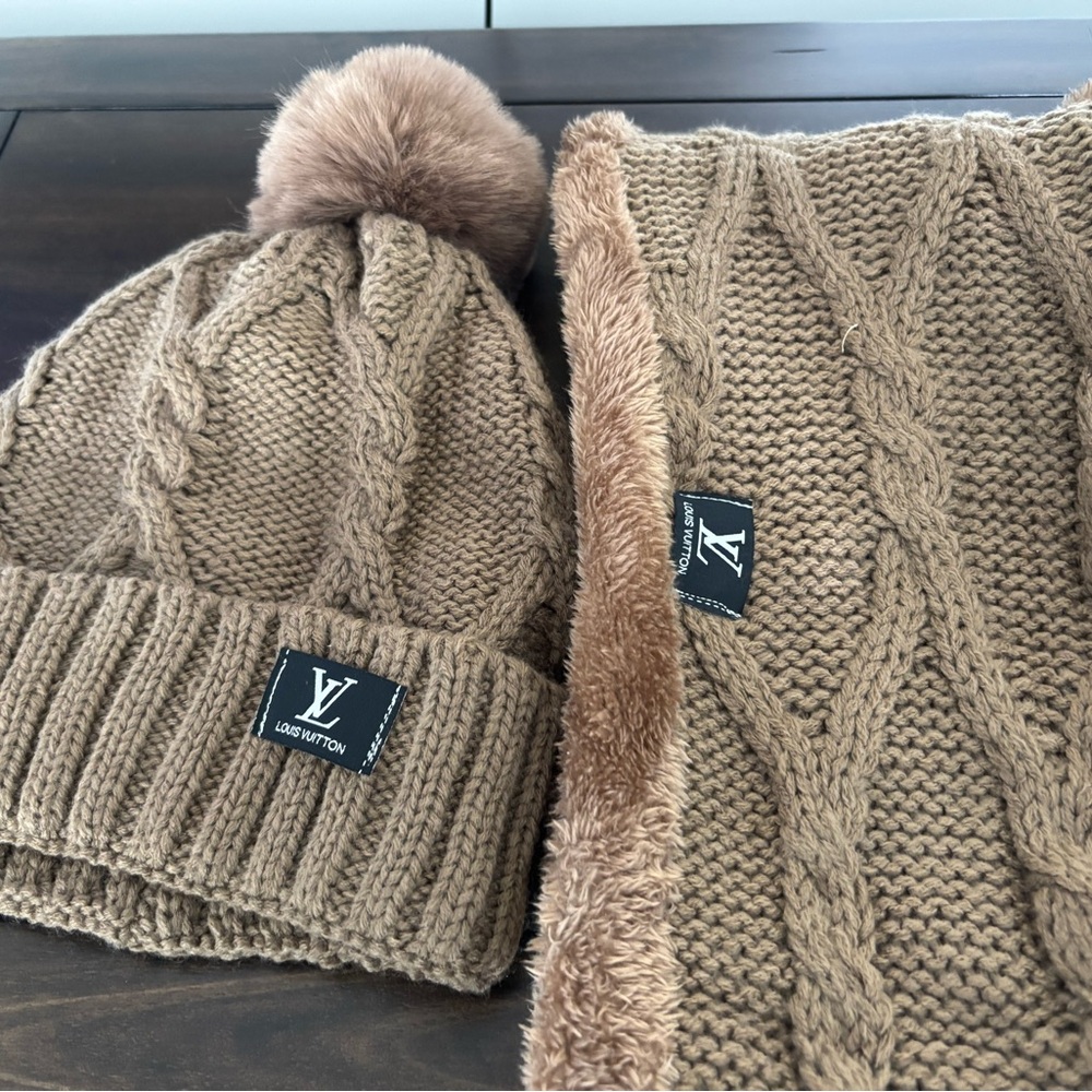 Brown Cable Knit Beanie and Scarf Set